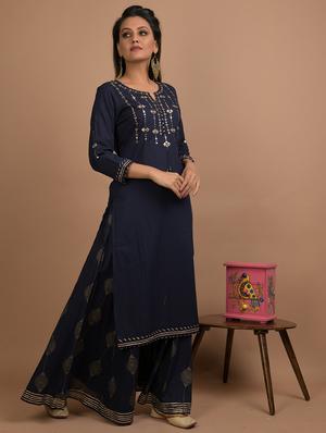 blue cotton kurta sharara set - 17602164 - Standard Image - 3