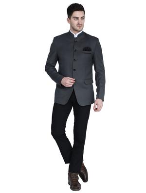 grey solid bandhgala suit - 17603232 - Standard Image - 4