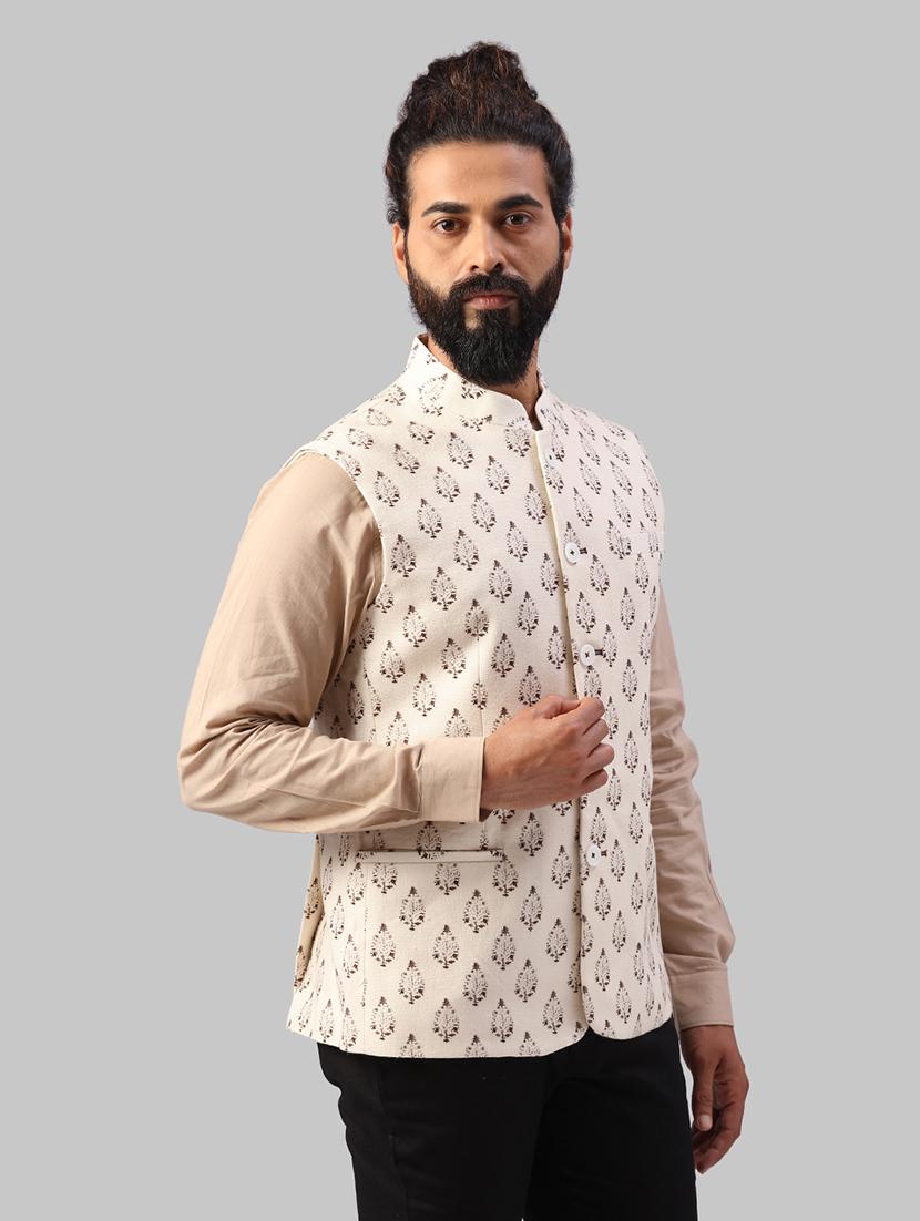 cream printed nehru jacket - 17606675 - Zoom Image - 2