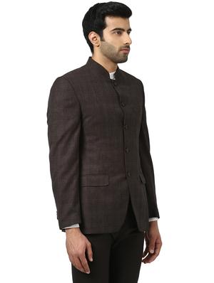 brown checkered bandhgala casual blazer - 17606867 - Standard Image - 2