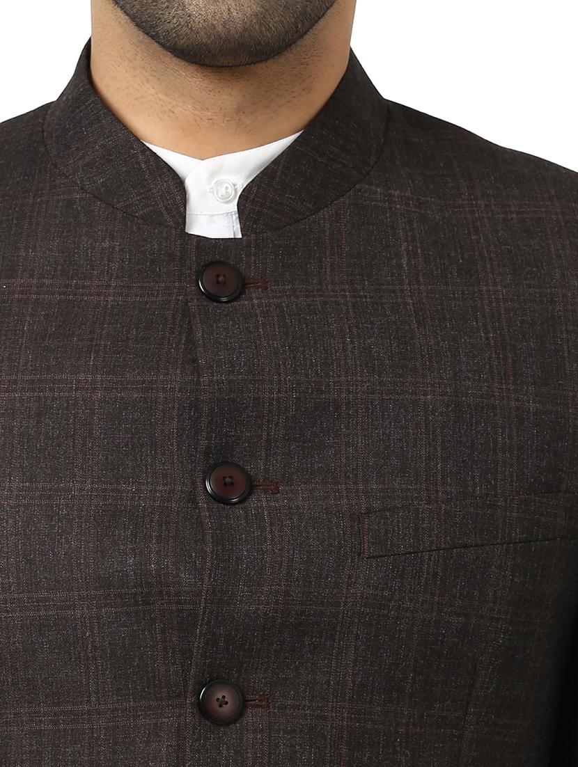 brown checkered bandhgala casual blazer - 17606867 - Zoom Image - 4