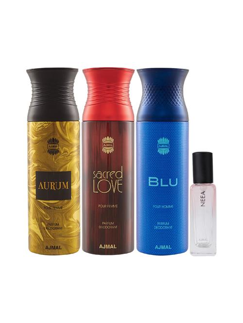 ajmal aurum & blu & sacred love deo each 200ml & neea edp 20ml pack of 4 (total 620ml) for unisex + 2 parfum testers - 17607274 - Standard Image - 1