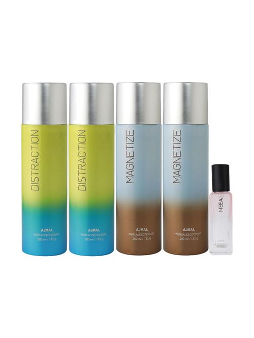 ajmal 2 distraction & 2 magnetize deo each 200ml & neea edp 20ml (total 820ml) for unisex + 2 parfum testers - 17607285 - Standard Image - 1