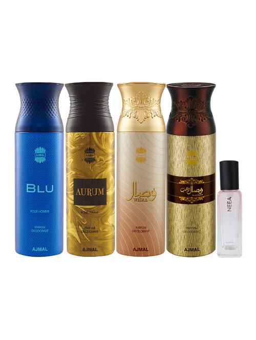 ajmal blu & aurum & wisal & wisal dhahab deo 200ml & neea edp 20ml pack of 5 (total 820ml) for unisex - 17607288 - Very Small Image - 1