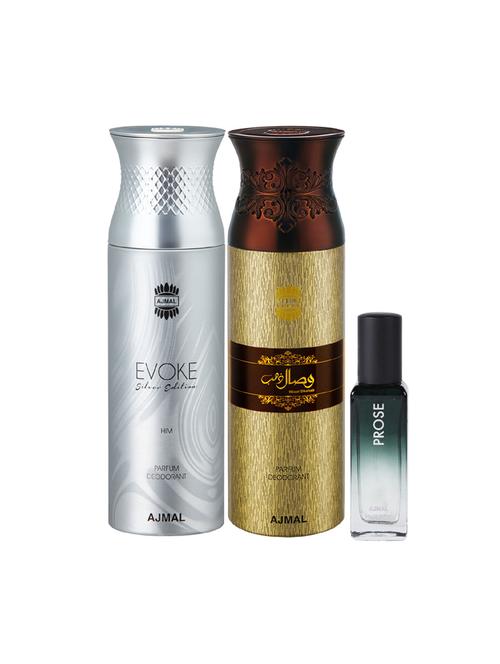 ajmal evoke & wisal dhahab deo each 200ml & prose edp 20ml (total 420ml) for unisex + 2 parfum testers - 17607310 - Standard Image - 1