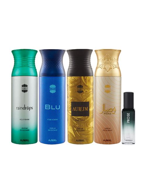 ajmal raindropss & blu & aurum & wisal deo 200ml & prose edp 20ml pack of 5 (total 820ml) for unisex 2 parfum testers - 17607371 - Standard Image - 1