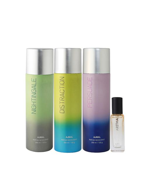 ajmal nightingale & distraction & persuade deo each 200ml & aretha edp 20ml (total 620ml) for unisex + 2 parfum testers - 17607441 - Standard Image - 1