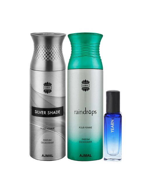 ajmal silver shade & raindrops deo each 200ml & yearn edp 20ml (total 420ml) for unisex + 2 parfum testers - 17607526 - Standard Image - 1