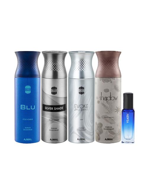 ajmal blu & silver shade & evokesilver him & shadow him deo 200ml & yearn edp 20ml pack of 5 for unisex - 17607544 - Standard Image - 1