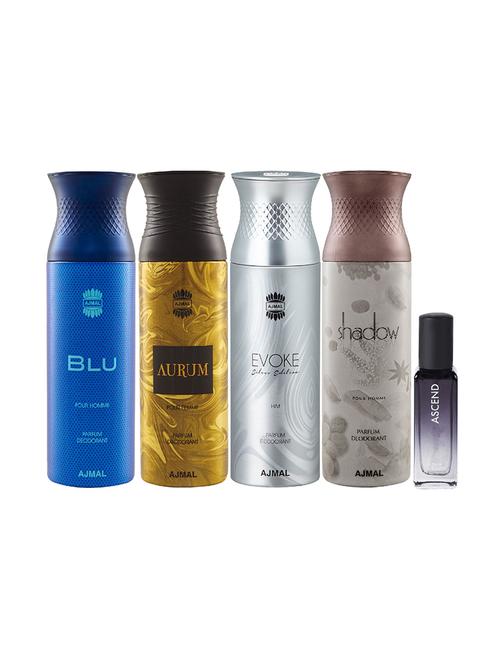 ajmal blu & aurum & evokesilver him & shadow him deo each 200ml & ascend edp 20ml pack of 4 for unisex - 17607631 - Standard Image - 1