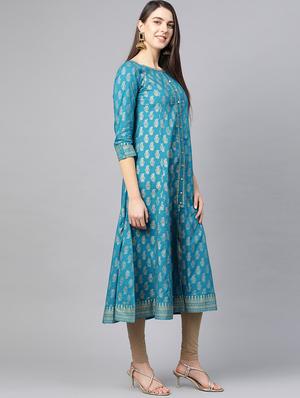 teal cotton anarkali kurta - 17607993 - Standard Image - 2