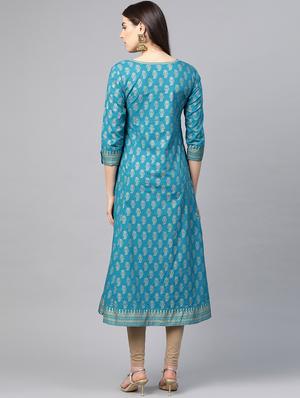 teal cotton anarkali kurta - 17607993 - Standard Image - 3