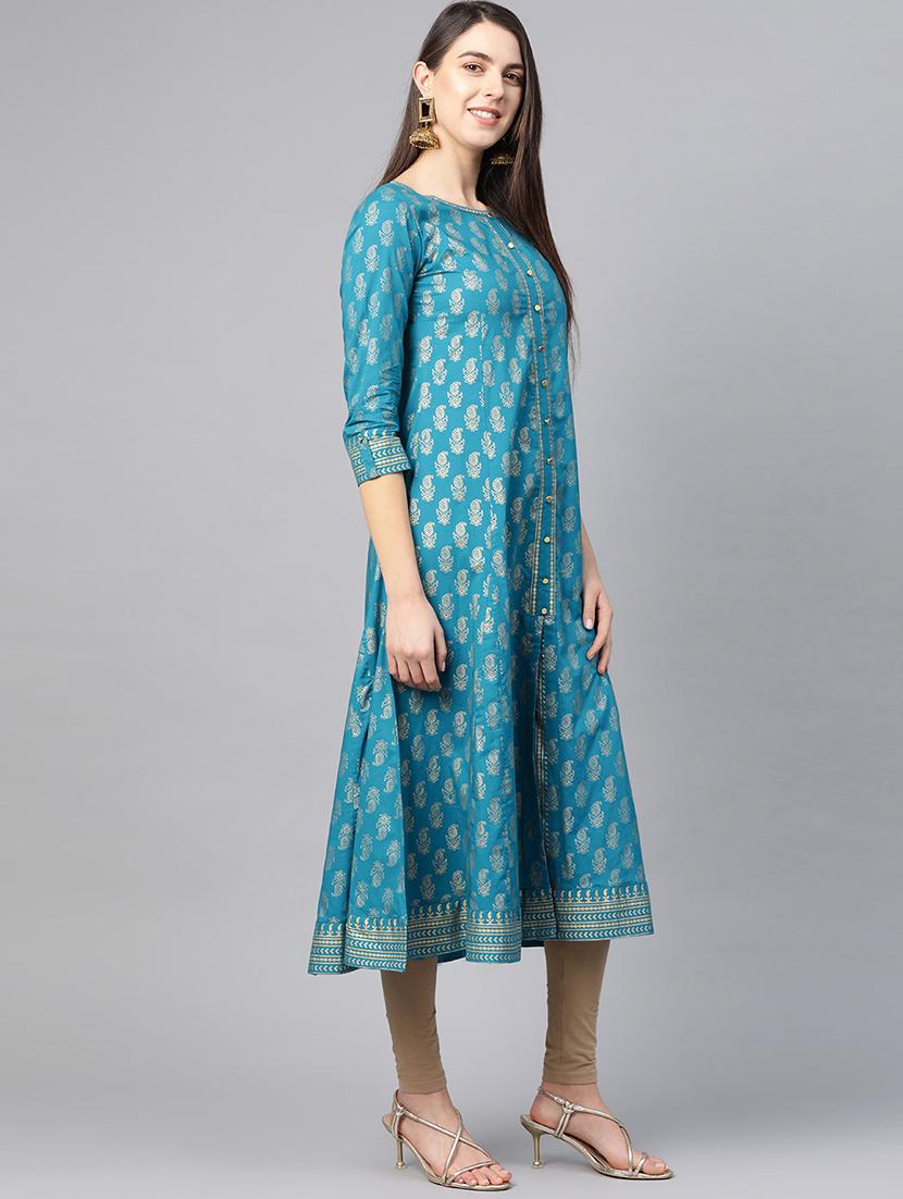 teal cotton anarkali kurta - 17607993 - Zoom Image - 2
