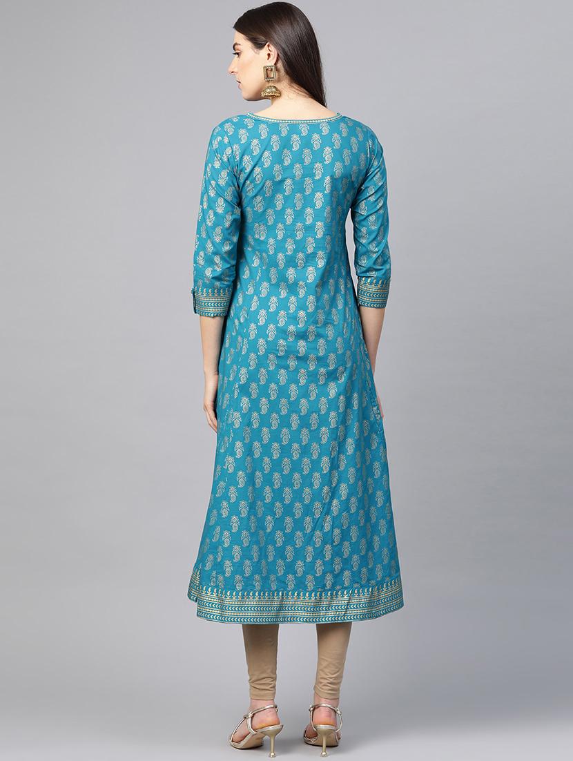 teal cotton anarkali kurta - 17607993 - Zoom Image - 3
