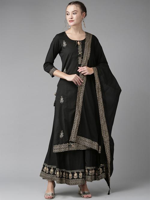 black cotton kurta sharara set - 17608660 - Standard Image - 1