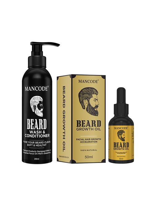 mancode mens beard wash and conditioner + beard growth oil, for soft, smooth & faster beard growth, combo pack of 2 - 17609808 - Standard Image - 1