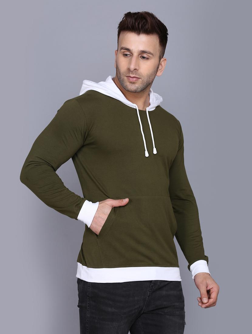 olive green color block cut & sew hooded t-shirt - 17610263 - Zoom Image - 2