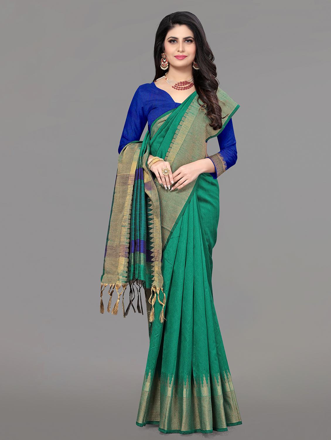 solid bordered saree with blouse - 17610302 - Zoom Image - 1