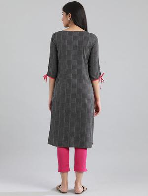 black cotton printed straight kurta - 17613218 - Standard Image - 3
