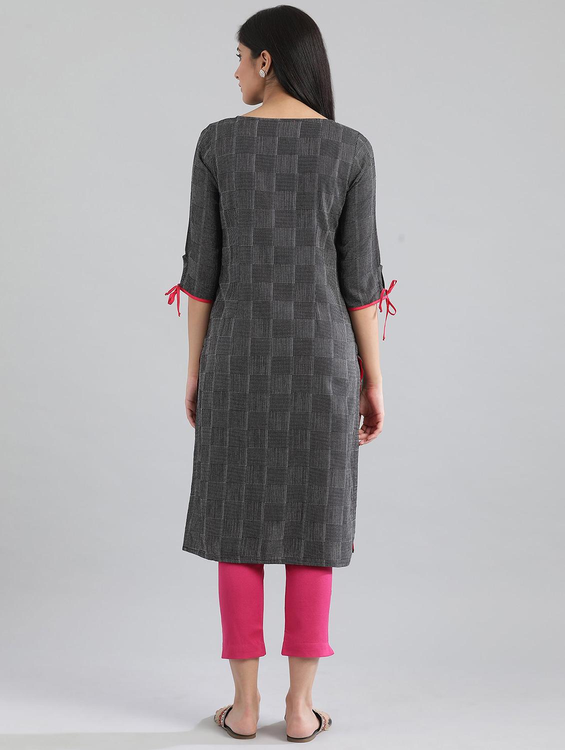 black cotton printed straight kurta - 17613218 - Zoom Image - 3