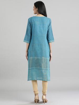 blue solid straight kurta - 17613223 - Standard Image - 3