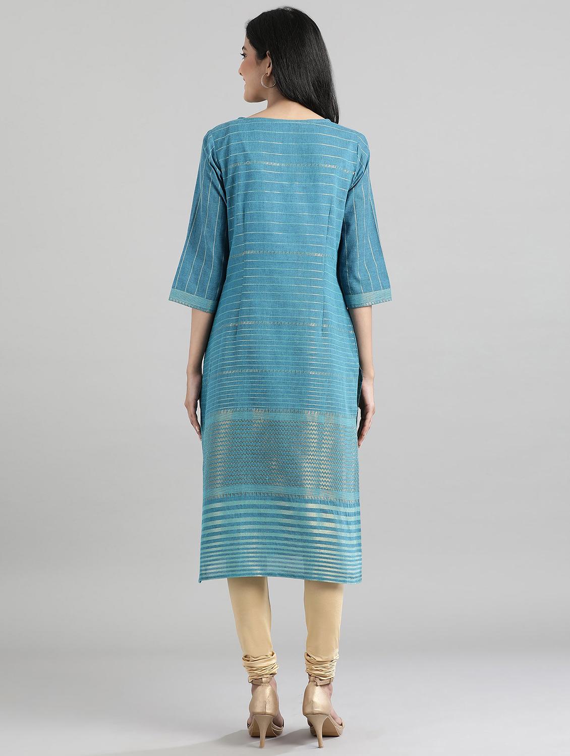 blue solid straight kurta - 17613223 - Zoom Image - 3