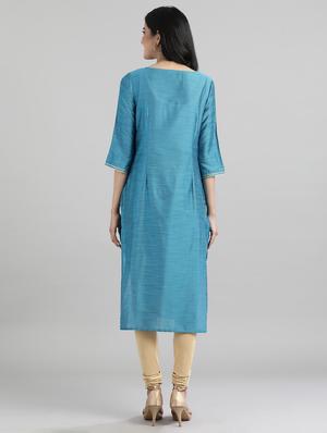 blue cotton blend straight kurta - 17613236 - Standard Image - 3