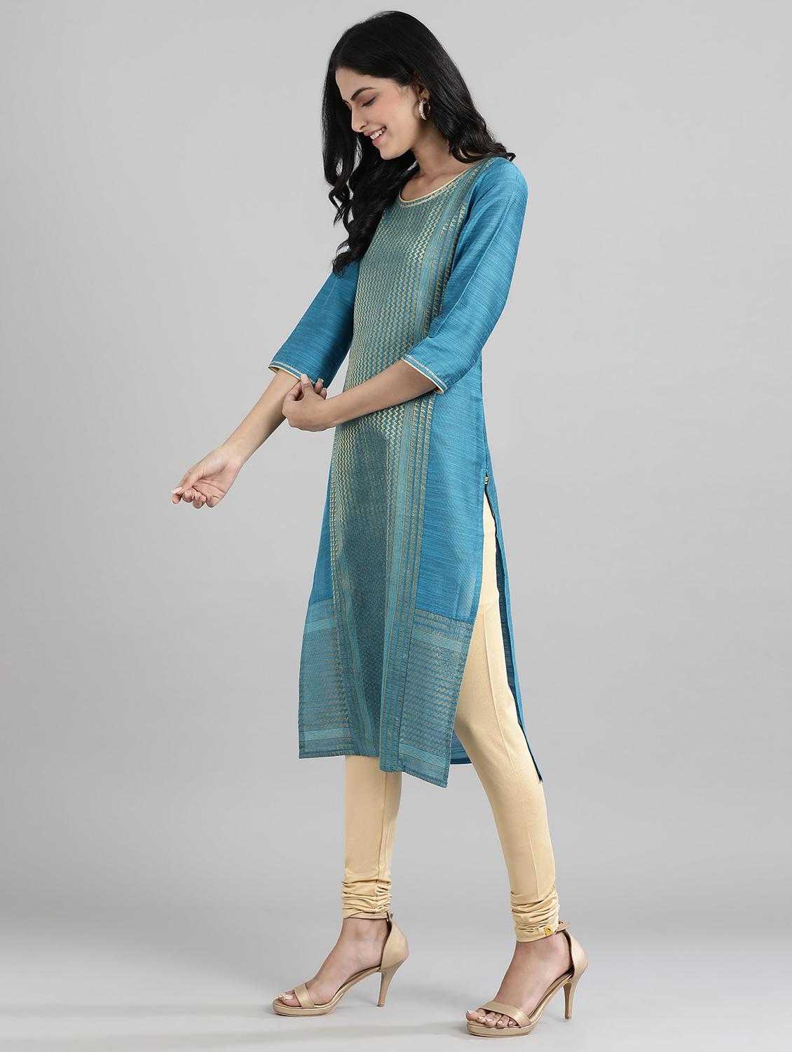 blue cotton blend straight kurta - 17613236 - Zoom Image - 2