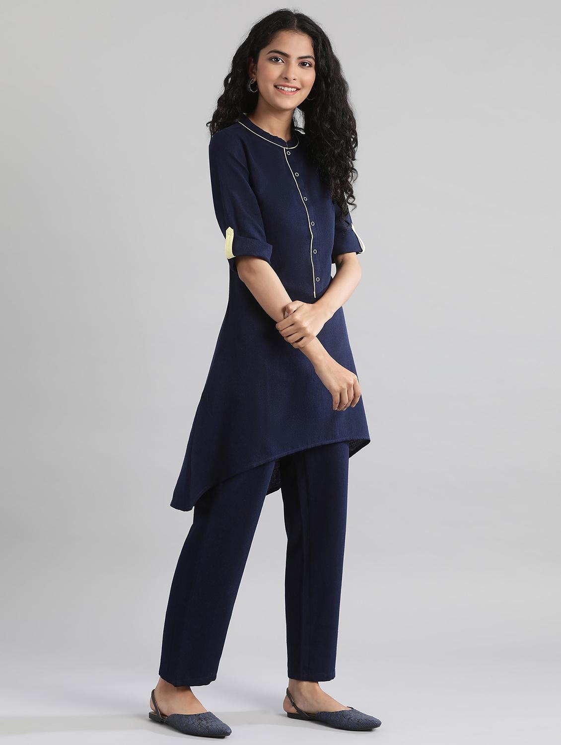 navy solid straight kurta - 17613259 - Zoom Image - 2