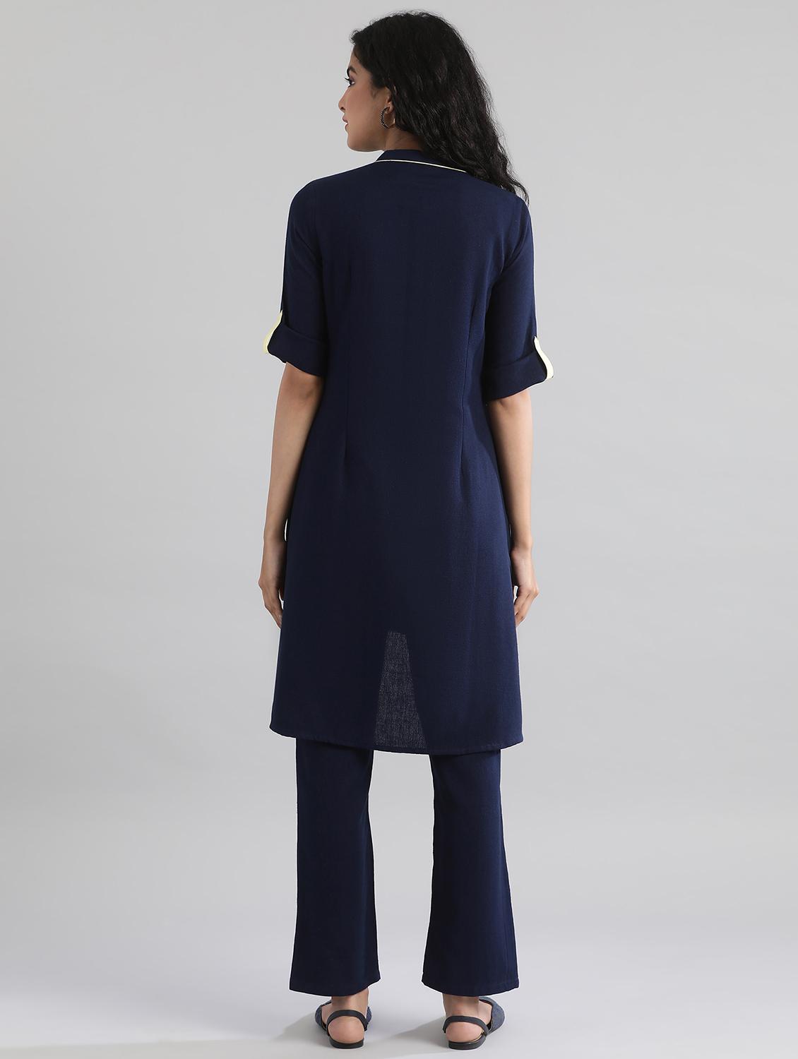 navy solid straight kurta - 17613259 - Zoom Image - 3