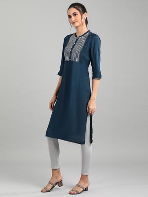 navy printed straight kurta - 17613272 - Standard Image - 2