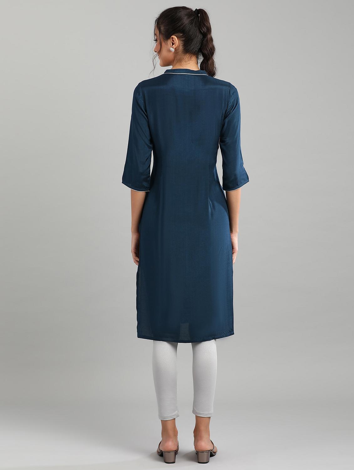 navy printed straight kurta - 17613272 - Zoom Image - 3