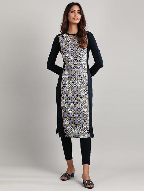 navy printed straight kurta - 17613293 - Standard Image - 1