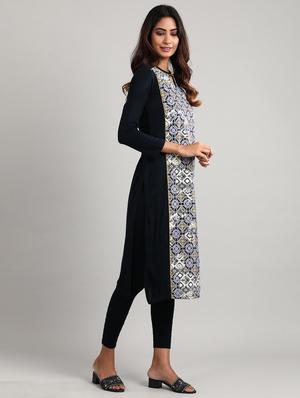 navy printed straight kurta - 17613293 - Standard Image - 2