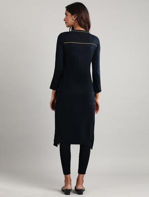 navy printed straight kurta - 17613293 - Standard Image - 3