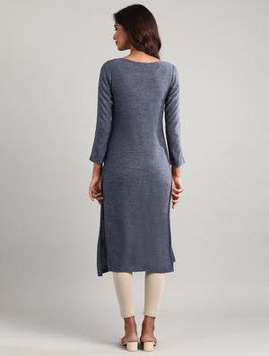 blue solid straight kurta - 17613295 - Standard Image - 3