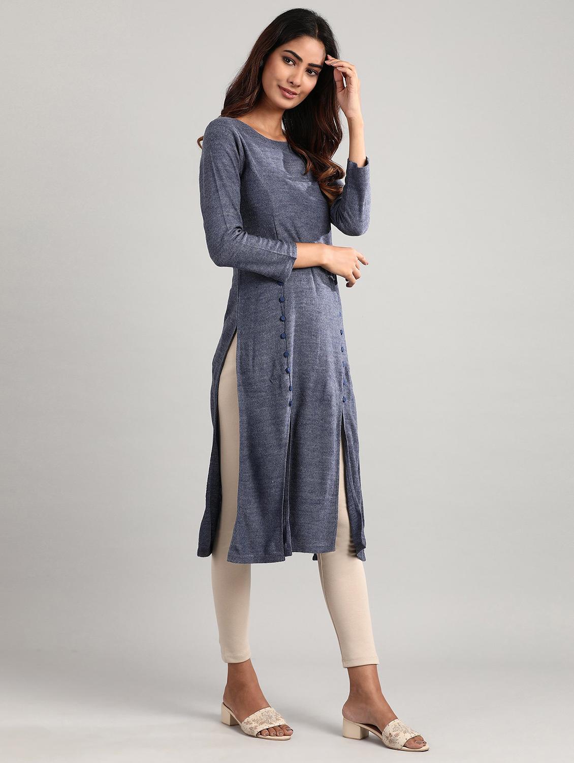 blue solid straight kurta - 17613295 - Zoom Image - 2