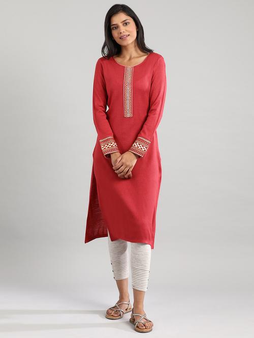 red synthetic straight kurta - 17613323 - Standard Image - 1
