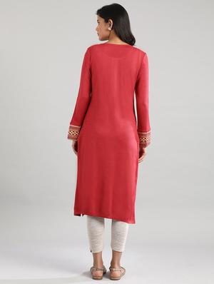 red synthetic straight kurta - 17613323 - Standard Image - 3