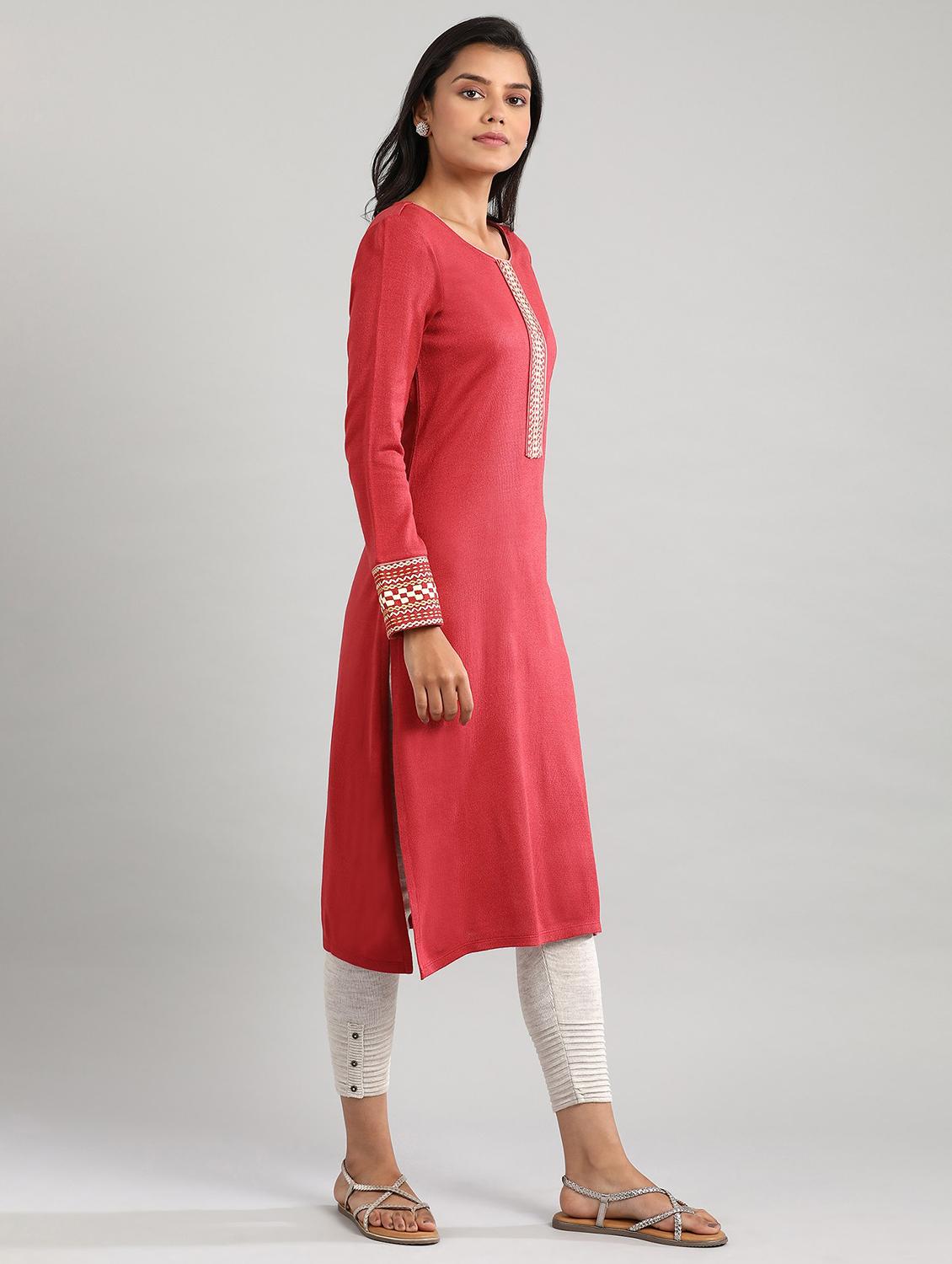 red synthetic straight kurta - 17613323 - Zoom Image - 2