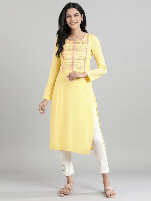 yellow synthetic straight kurta - 17613325 - Standard Image - 1
