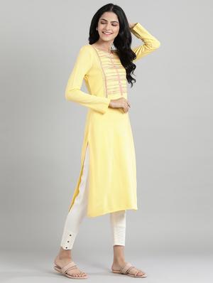 yellow synthetic straight kurta - 17613325 - Standard Image - 2