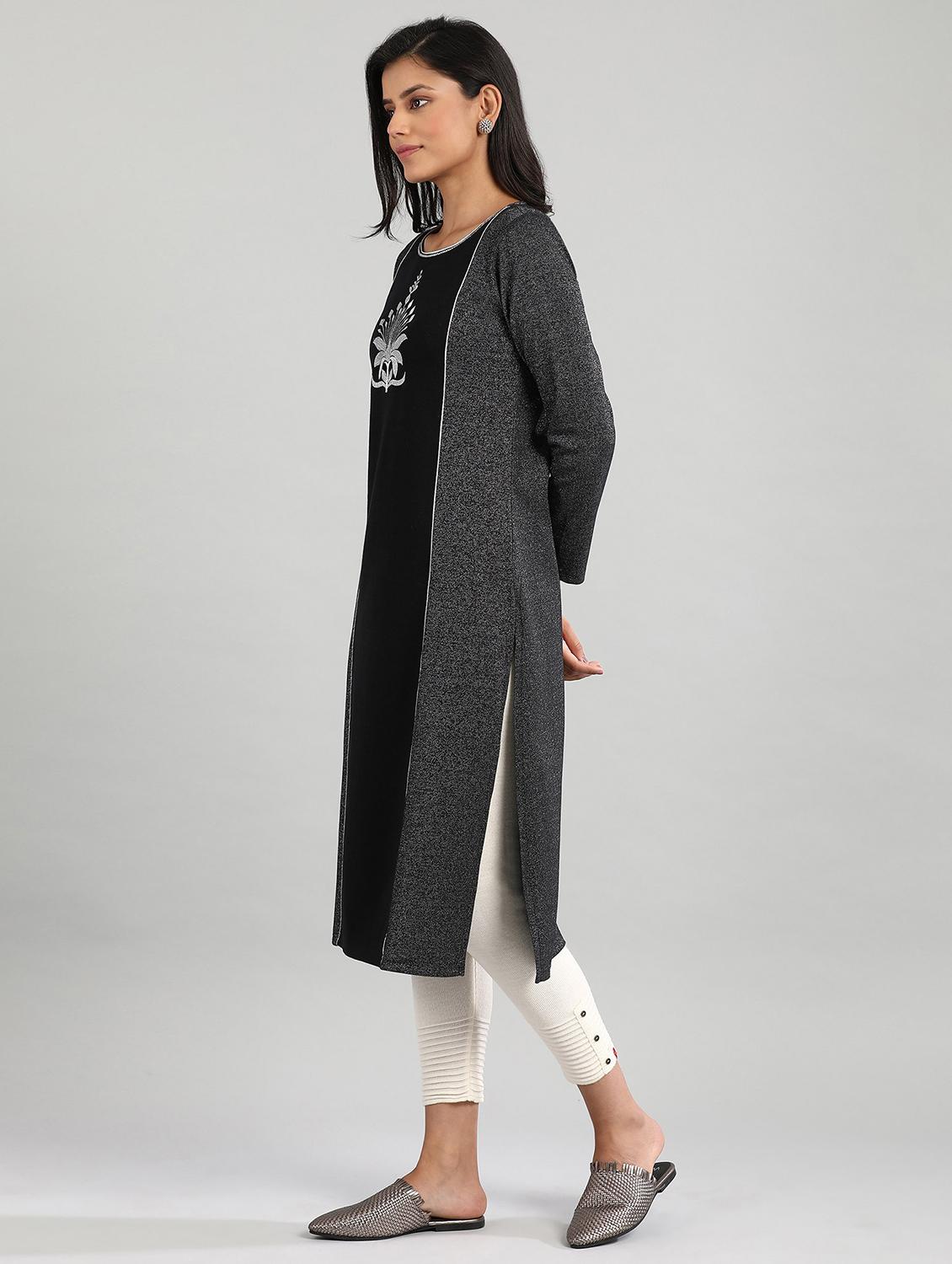 black straight kurta - 17613331 - Zoom Image - 2