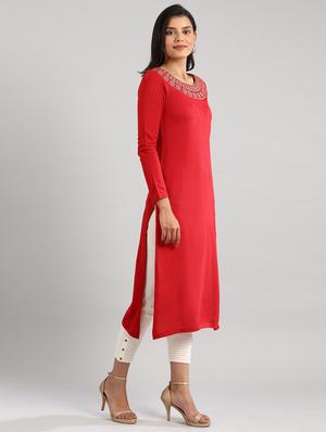red synthetic straight kurta - 17613334 - Standard Image - 2