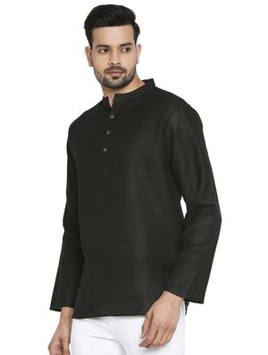 black solid linen short kurta - 17613558 - Standard Image - 2