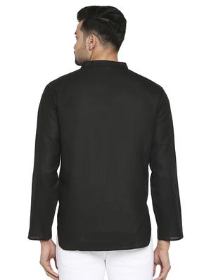 black solid linen short kurta - 17613558 - Standard Image - 3