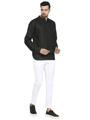 black solid linen short kurta - 17613558 - Standard Image - 4