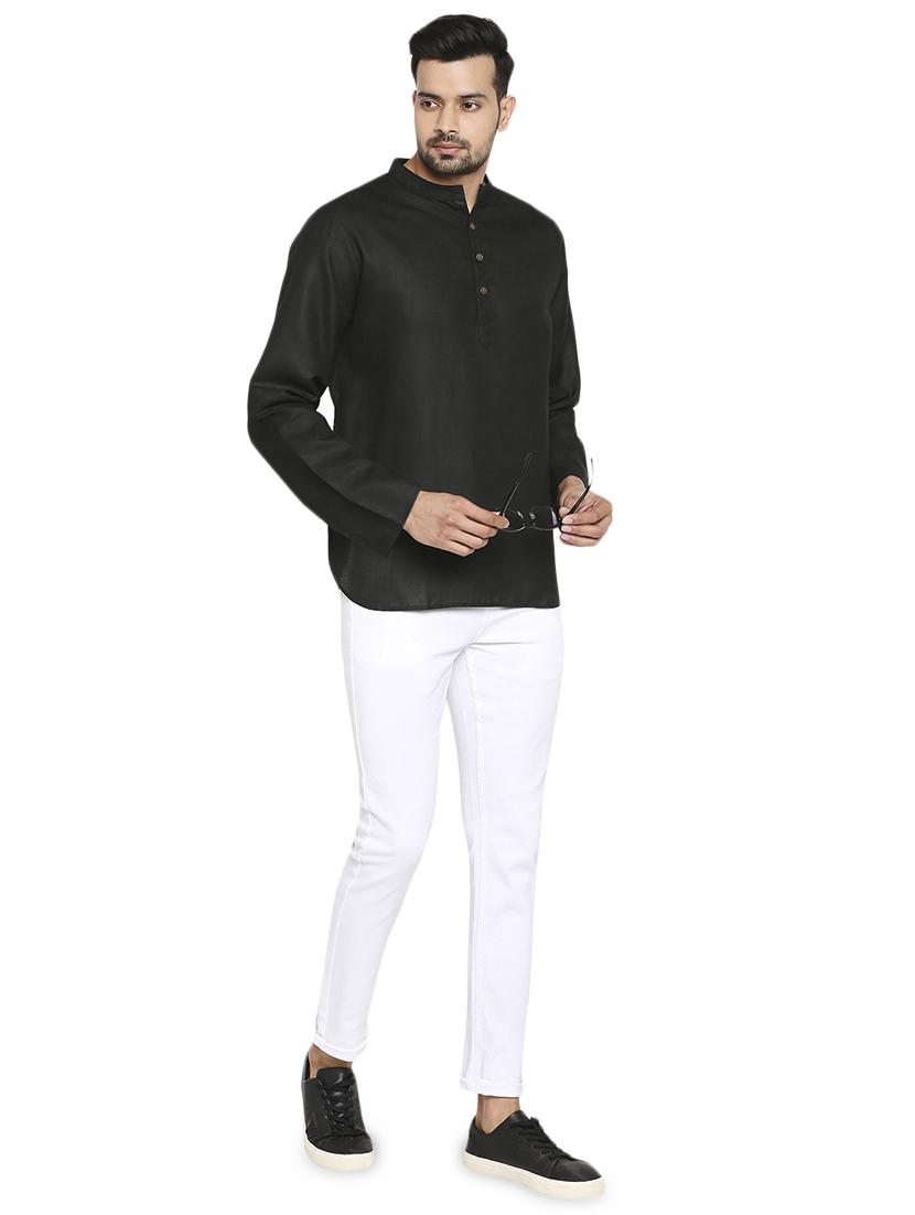 black solid linen short kurta - 17613558 - Zoom Image - 4