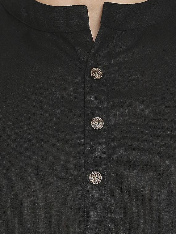 black solid linen short kurta - 17613558 - Zoom Image - 5
