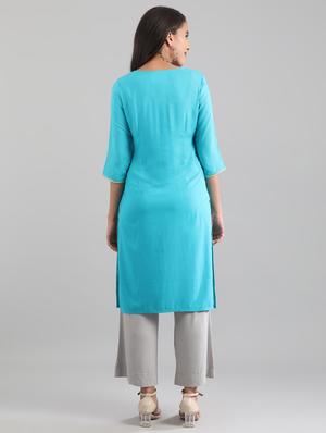blue viscose straight kurta - 17614136 - Standard Image - 3